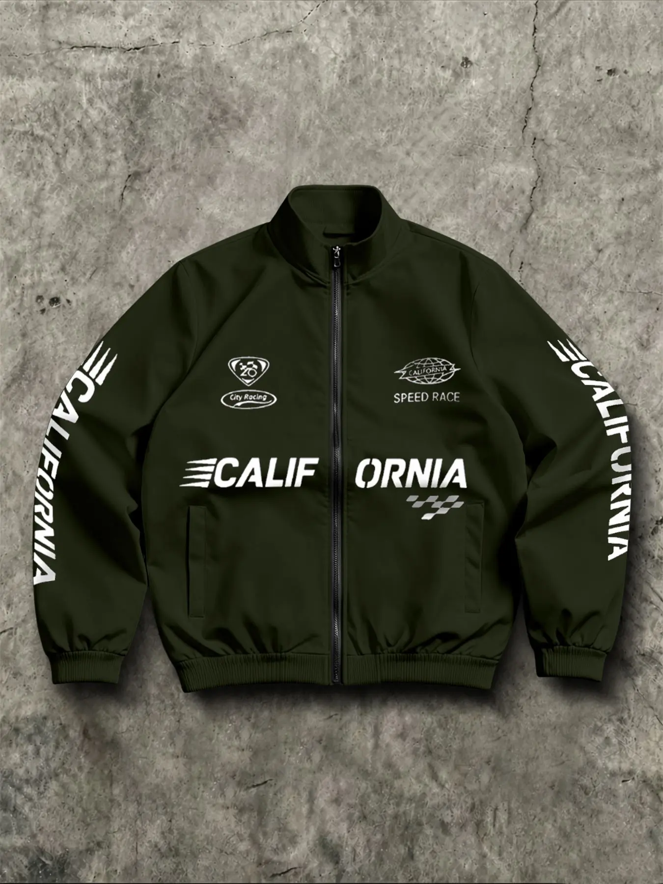 American Racing Style California Letter Stand Collar Long Sleeve Jacket for Men, High Street Badge Print Loose Motorcycle Sports Coat