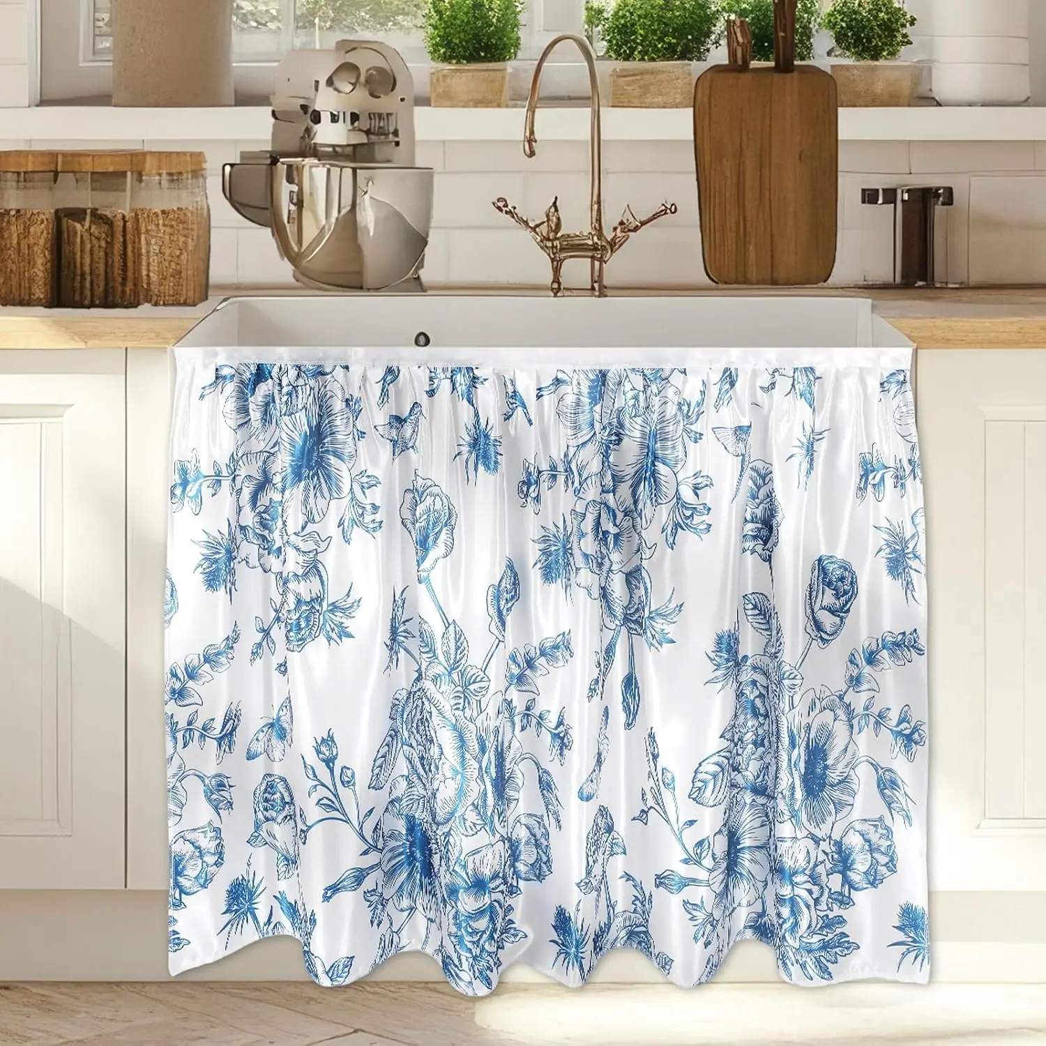 Cabinet Curtains 28 x 34.6 in Sink Skirt for Bathroom Kitchen Under Desk  Drape Self Adhesive Closet Dishwasher Table Curtains for  Laundry Room  Rustic Decor Blue Flower