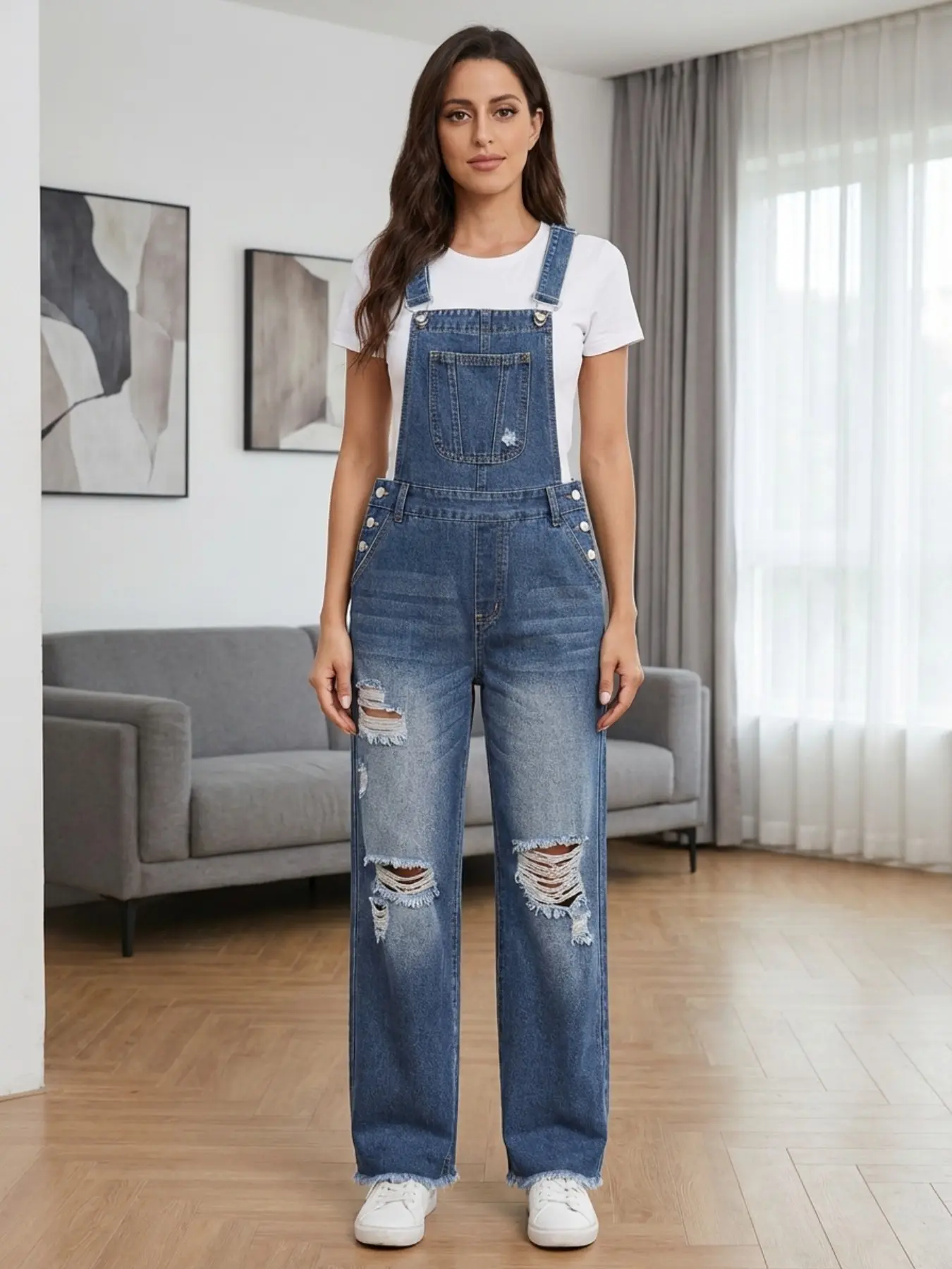 Women's Denim Jumpsuit Overall Pants, Distressed Washed Look, Front Pocket Design, Comfortable & Stylish Casual Wear