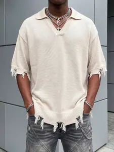Men's Streetwear V-Neck Knit Top, Loose Fit Short Sleeve Pullover, Trendy Summer Casual Wear, Perfect Father's Day Gift