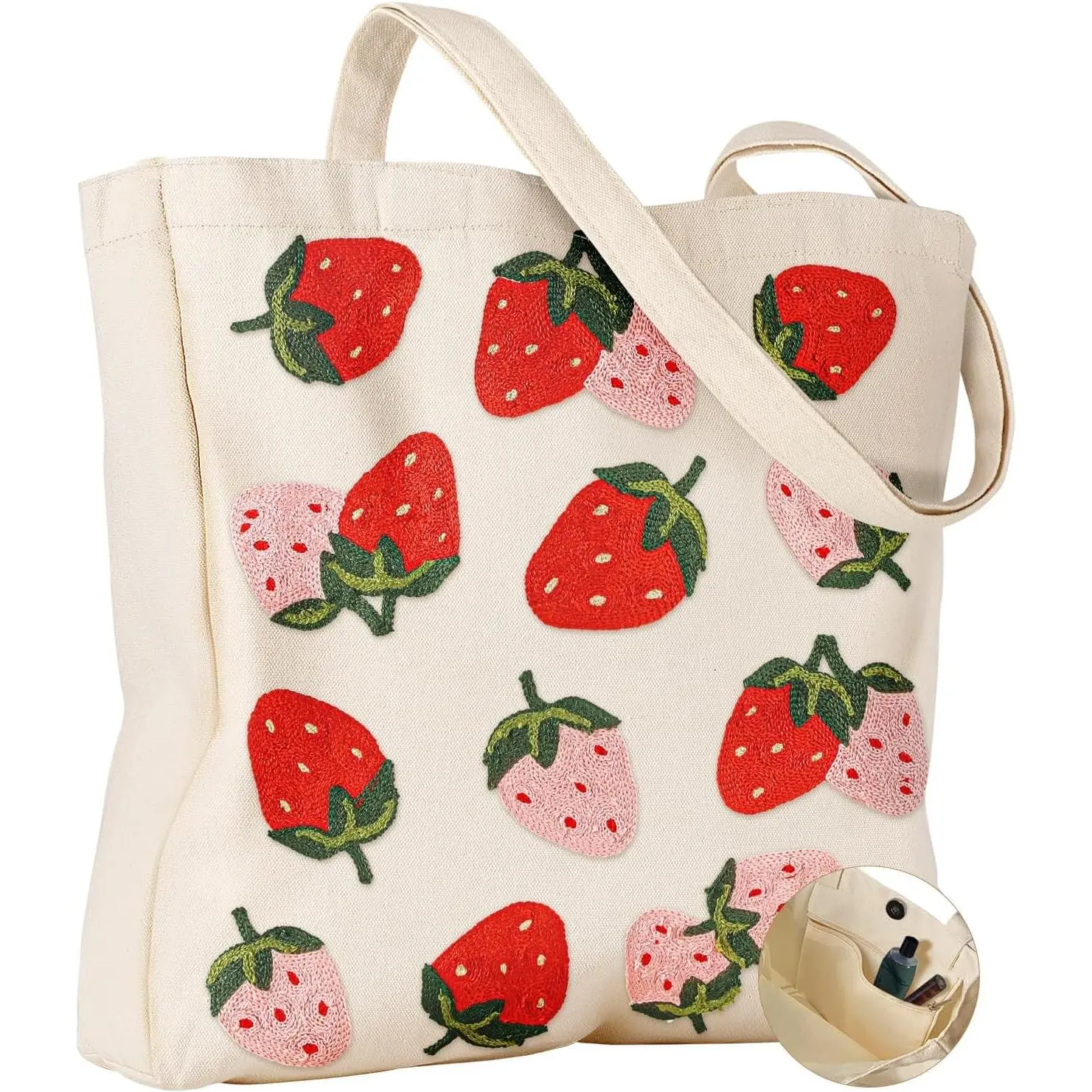 Embroidery Tote Bag with Pocket & Buckle - Reusable Canvas Tote for Women Cute Aesthetic Work Shopping Grocery BagGift