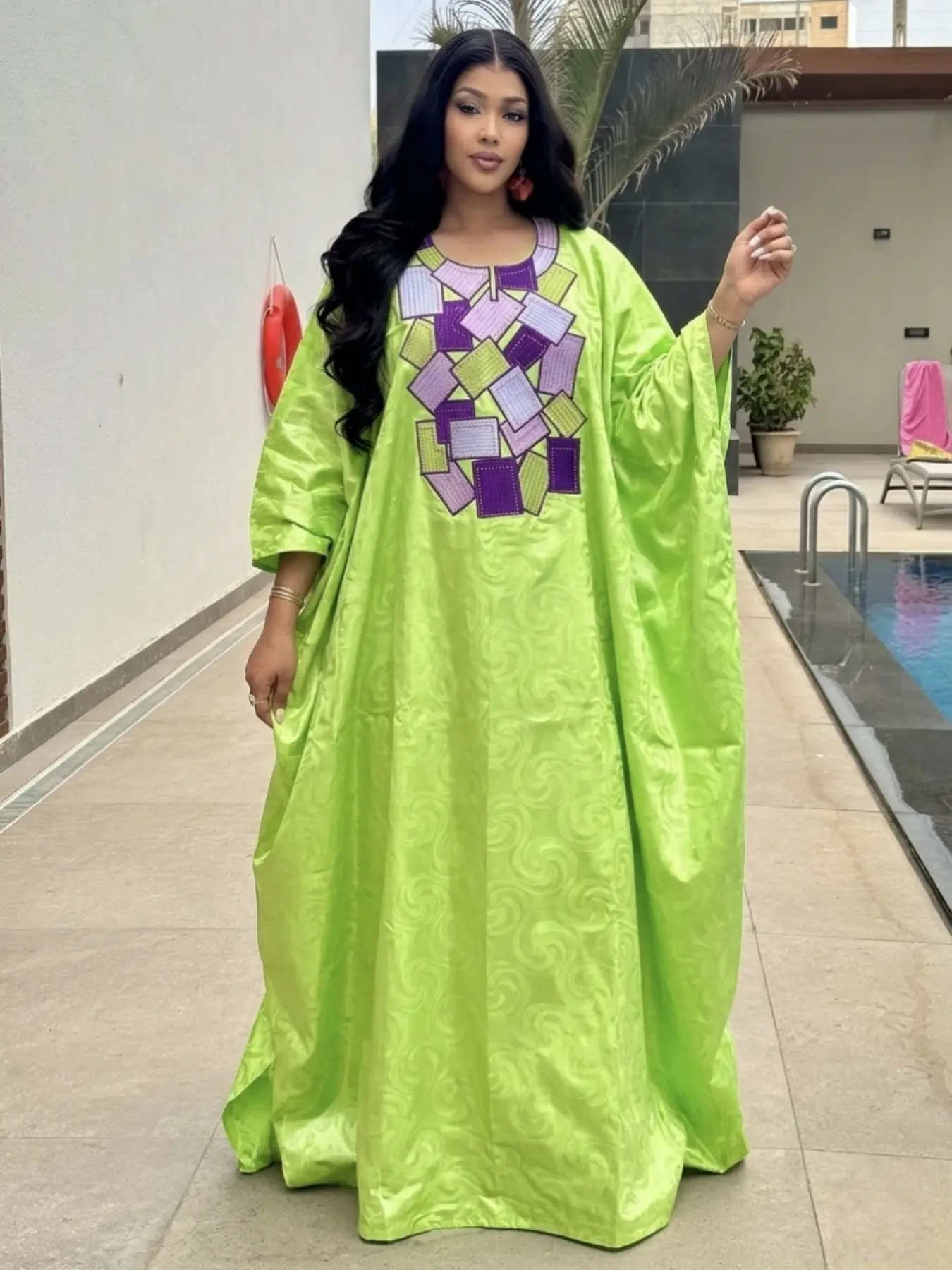 African Women's Bajun Riche Bubu Geometric Unique Neckline Original Nigerian Bassey Fufa Wedding Party Dashiki Robe, Elegant Short Sleeve, All Seasons
