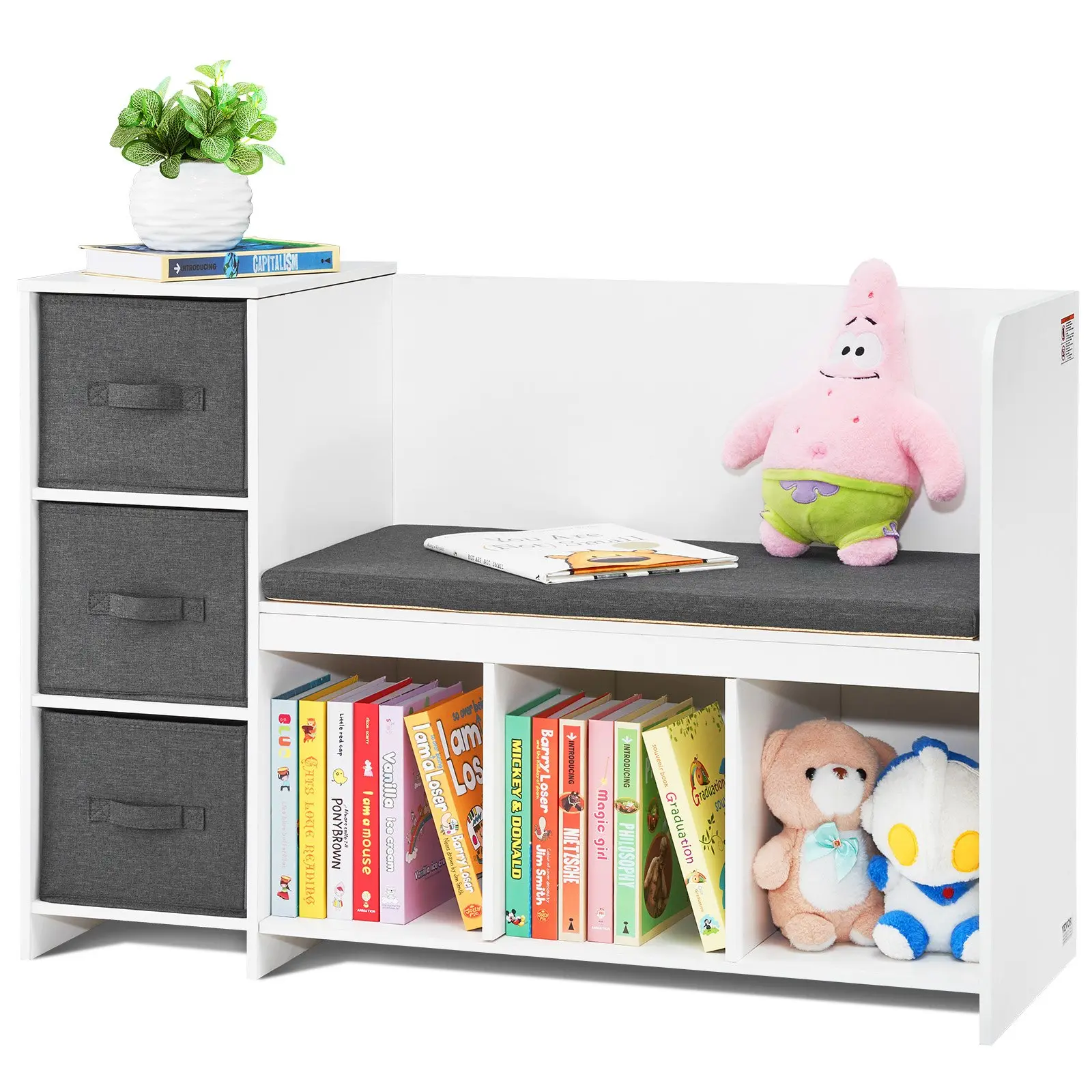 【DealsForYouDays】VEVOR Kids Reading Nook Bench, Toddler Bookshelf and Bookcase with Detachable Seat Cushion, 6-Cubby Storage Organizer Bench with 3 Drawers, Ideal for Playroom, Bedroom, Living Room or Entryway, White