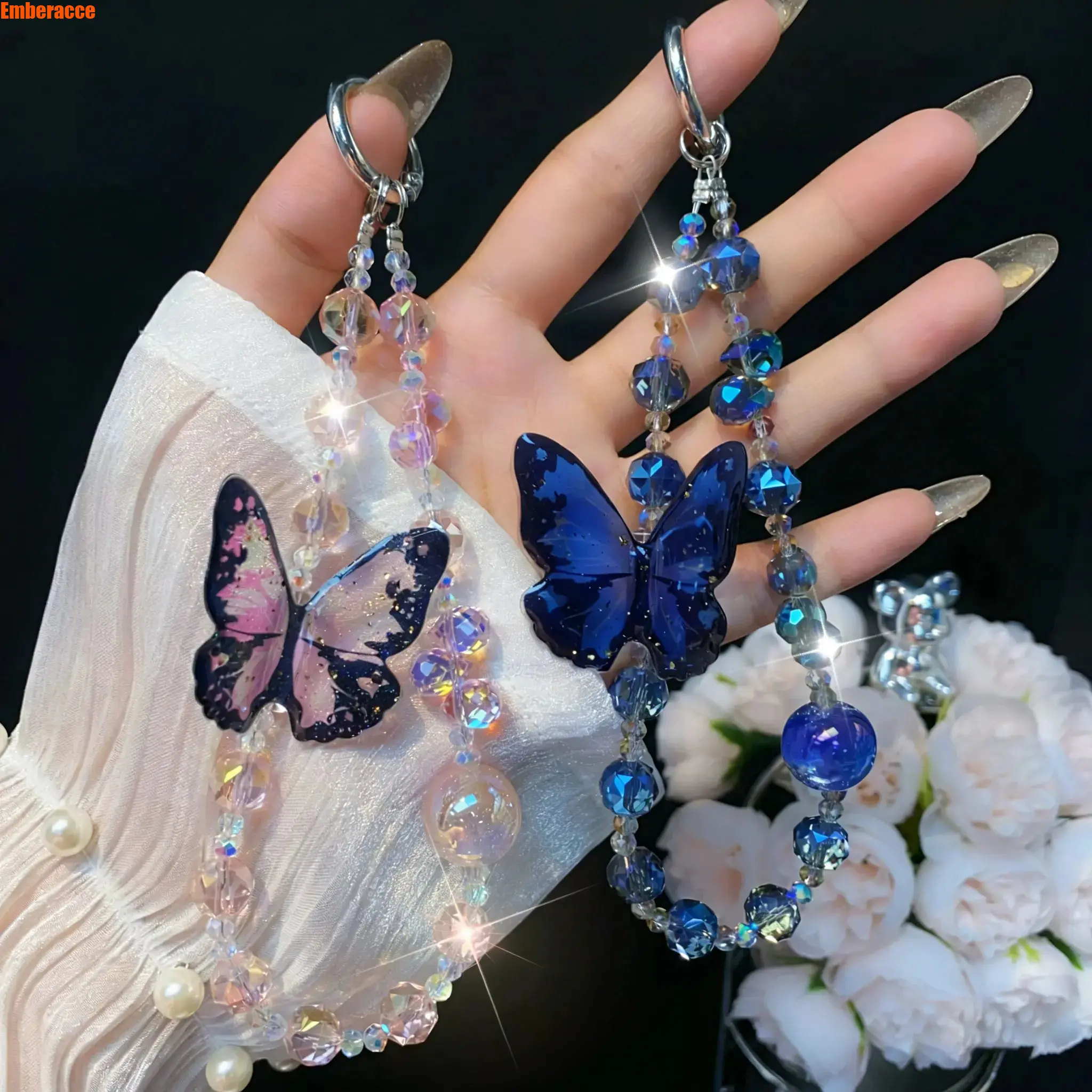 Glitter Butterfly Phone Charm Strap, Crystal Beaded Wrist Strap for iPhone & Samsung, Cute Y2K Aesthetic Phone Accessory with Bling Butterfly Design, Kawaii Cellphone Lanyard for Daily Use, Travel, Party & Gift