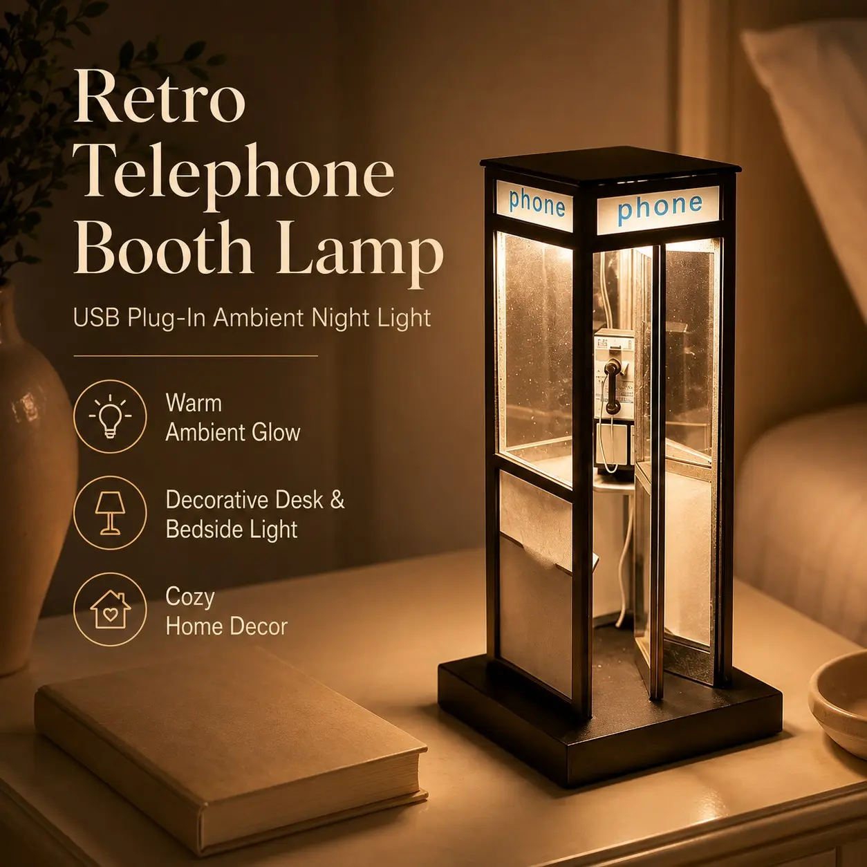 Retro Telephone Booth Lamp, USB Plug-In Ambient Night Light, Decorative Desk and Bedside Light for Bedroom, Office, Living Room and Cozy Home Decor