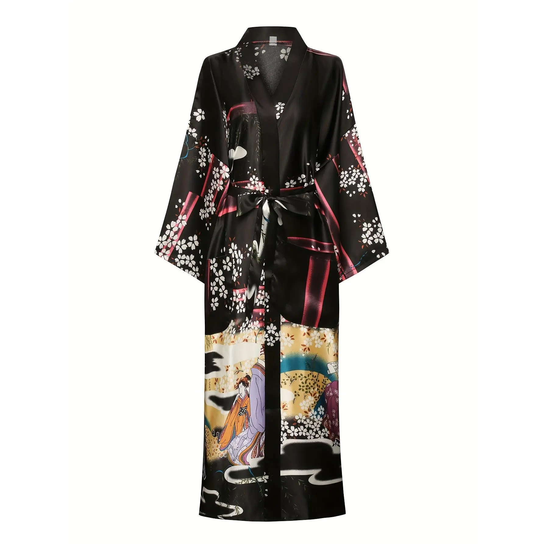 Cherry Blossom Ukiyo-e Robe for Women, Kimono-style Nightgown, Soft and Skin-friendly Leisure Sleepwear