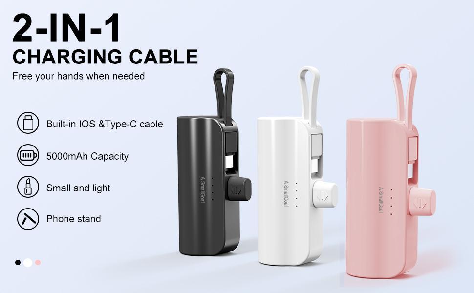 Small Portable Charger USB C, 5000mAh Power Bank with Built-in Type-C Cable Compatible with iPhone 15/15 Plus/15 Pro/15 Pro Max,  Series, Android Phones etc