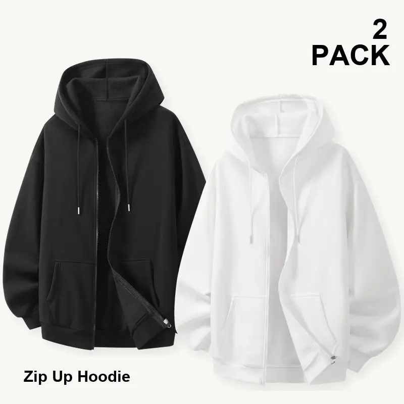 Men's 2-Pack Plain Black + White Long Sleeve Warm Full-Zip Hoodies, Fleece-Lined Relaxed-Fit Menswear Tops with Drawstring Hood, Front Pockets, Ribbed Cuffs for Casual Fall Winter Wear, Logo-Free, Full-Length