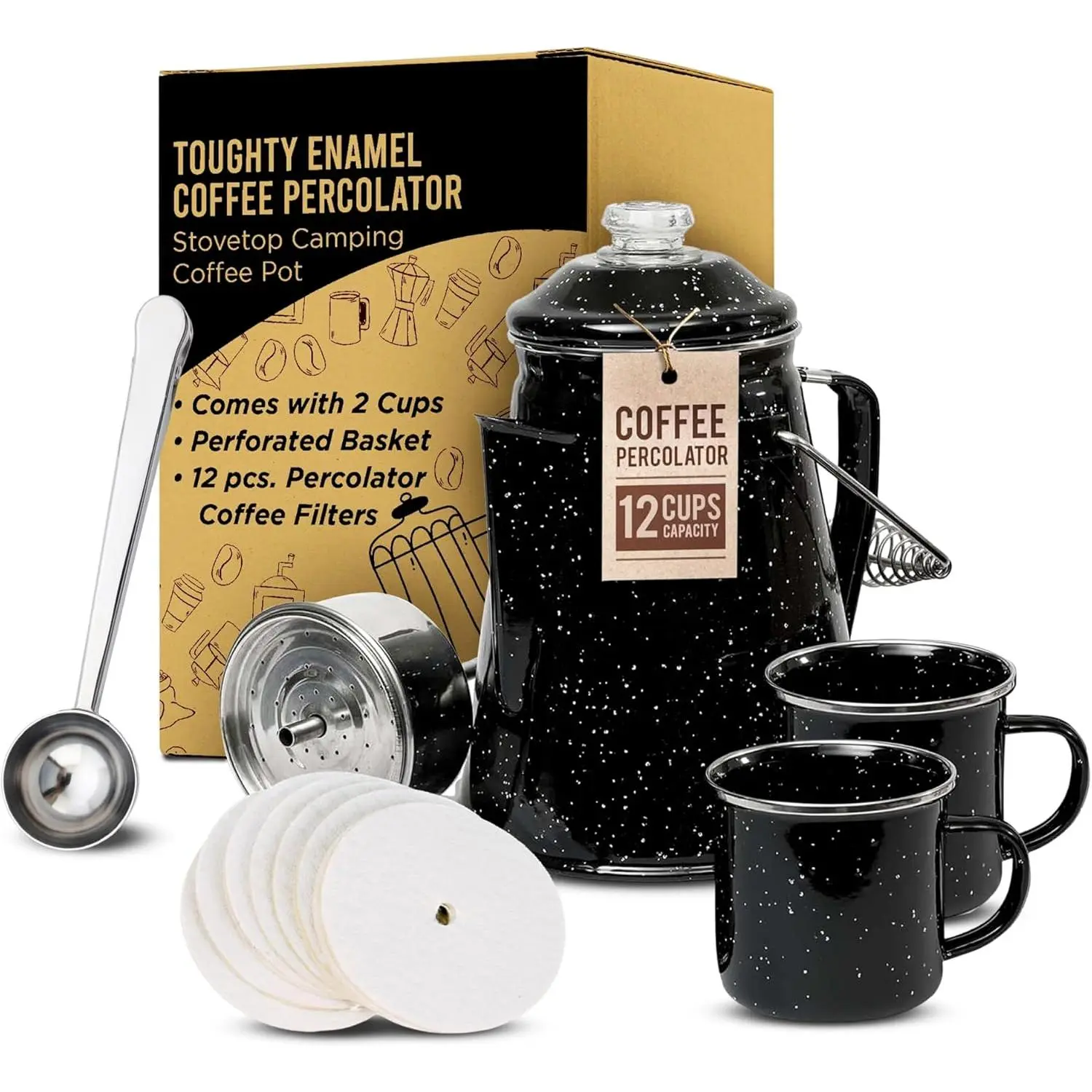 Toughty Enamel Coffee Percolator - Stovetop Coffee Maker  Camping, Open Fire, Grill, or Stove - Vintage Coffee Pot - Durable Old-Fashioned Metal Percolator w/ 2 Cups & 12 Coffee Filters - Black