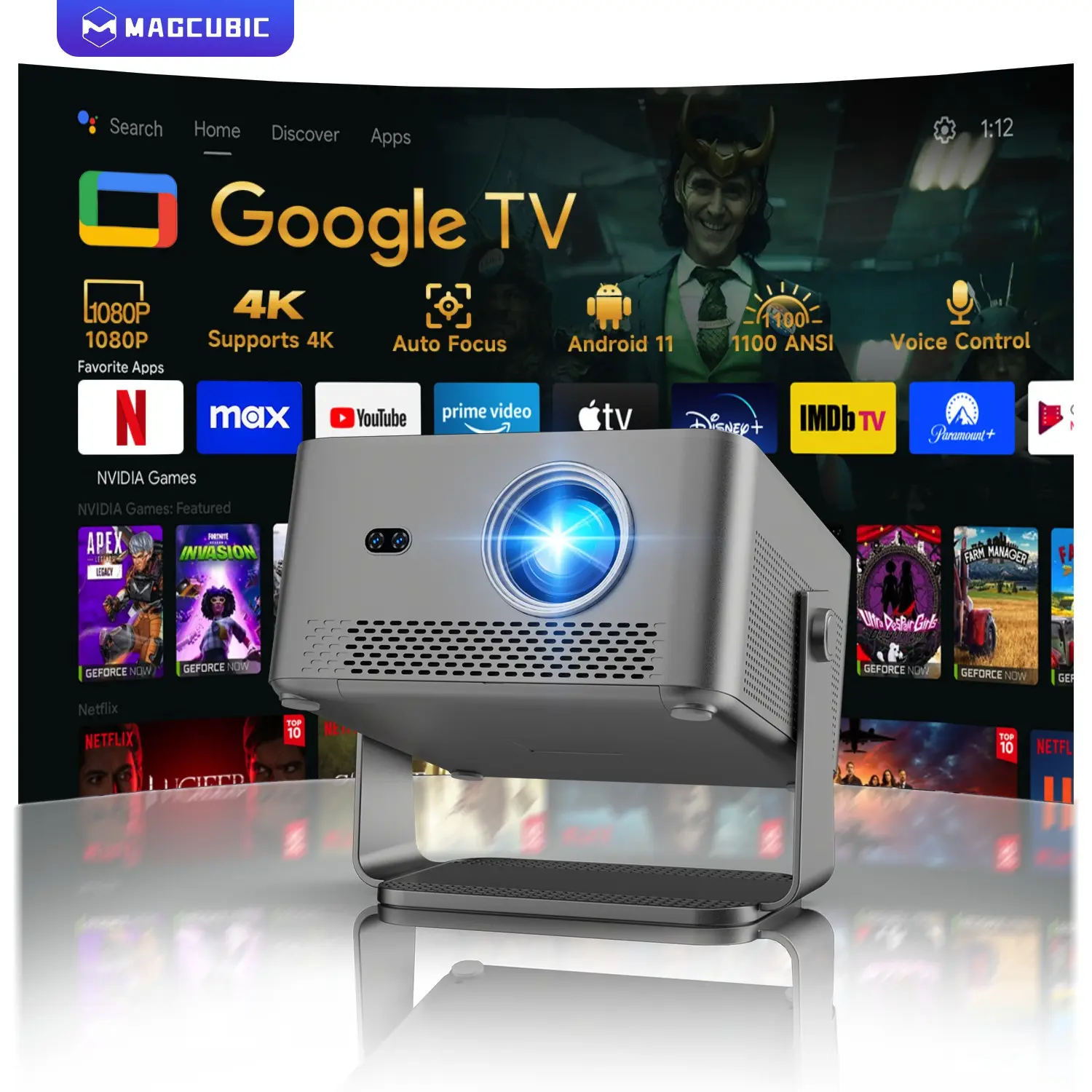 Magcubic Hy450gt 1100ansi Wireless Projector, Google TV Stick Bundled, Auto Focus, Voice Assistant, 1080P Hdr10, Wifi5+bt5.0, Smart Home Cinema