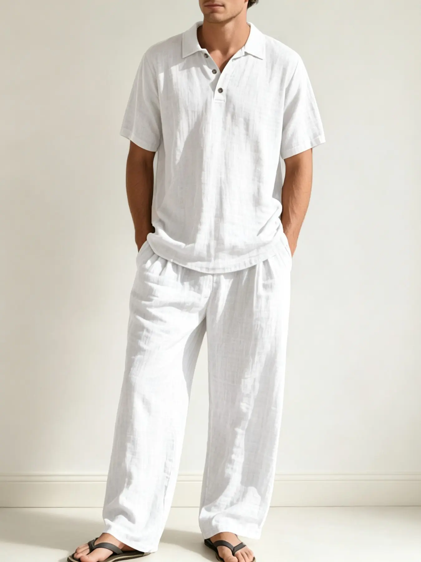 Men's Summer Linen Cotton 2-Piece Casual Matching Set, Lapel Short Sleeve Polo Shirt Paired with Elastic Drawstring Waist Straight Leg Long Casual Pants, Breathable Wrinkle Textured Loose Beach Vacation Linen Cotton Set, 7 Colors&Plus Sizes In Stock S-3XL