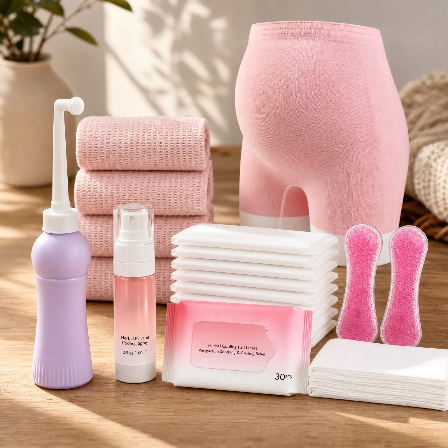 Postpartum Recovery Essentials Kit for New Moms - Includes Peri Bottle, Cooling Spray, 4 Disposable Underwear, 30 Pad Liners, and Hot & Cold Packs(Gift)
