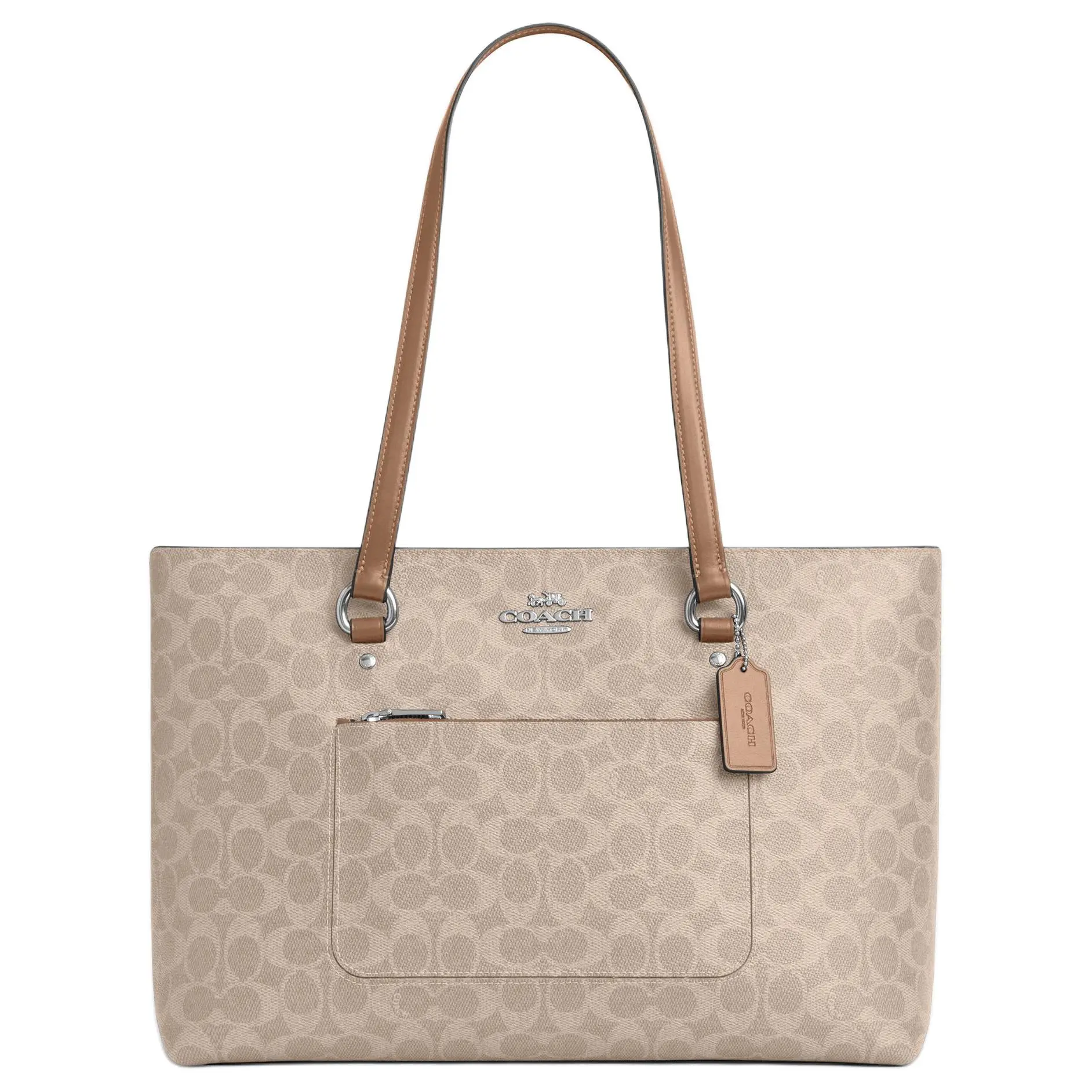 COACH Station 35 Tote Bag for Women – Printed Logo, Silver Hardware, Faux Leather and Genuine Leather Blend, Beige Gray