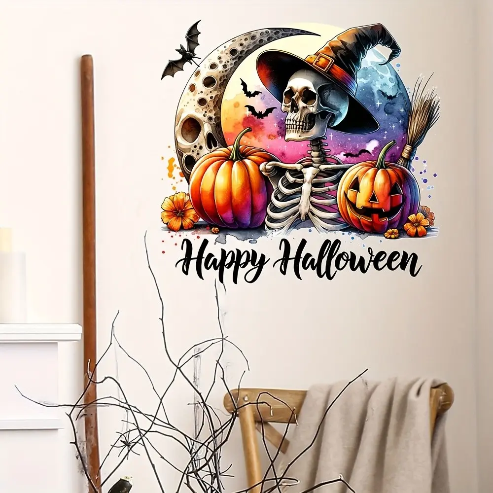 Halloween Wall Stickers, Decorative Sticker, Retro PVC Self-Adhesive Pumpkin Skull Bat Witch Hat Design, Living Room Bedroom Hallway Decor, Festive Atmosphere, Wall Decorations