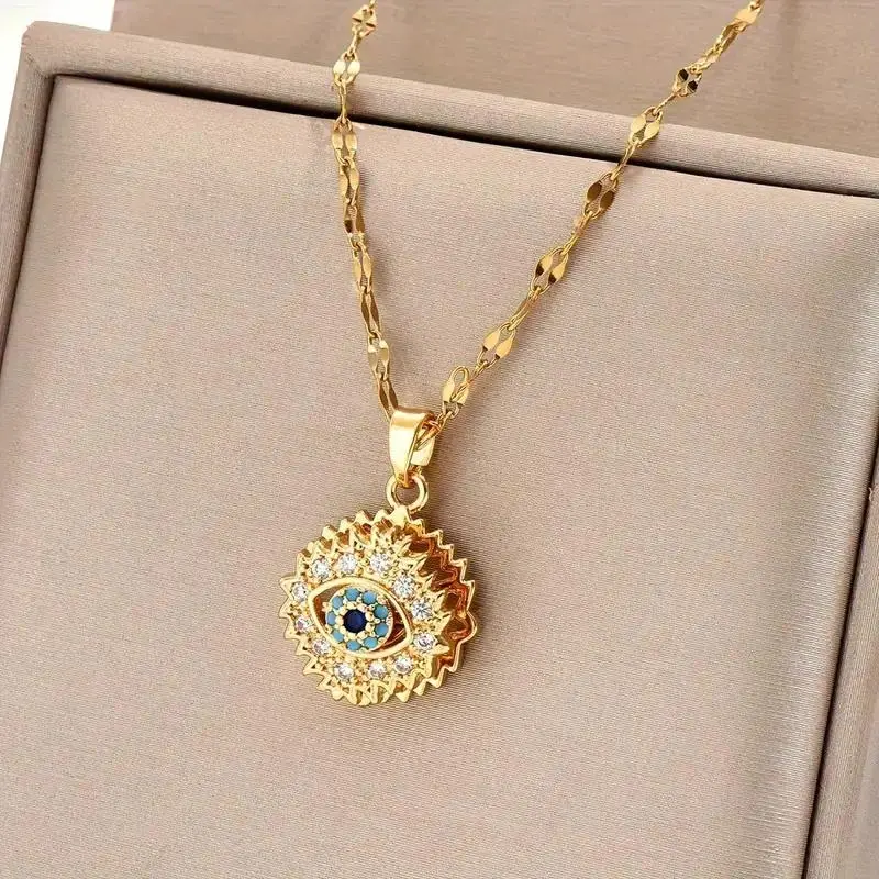 Boho 14K Gold Plated, Rotating Evil Eye Pendant Necklace, Sunburst Sparkling Rhinestone Spinner Design, Hypoallergenic Tarnish Free, Lucky Charm Fidget Jewelry, Everyday Party Christmas Gift