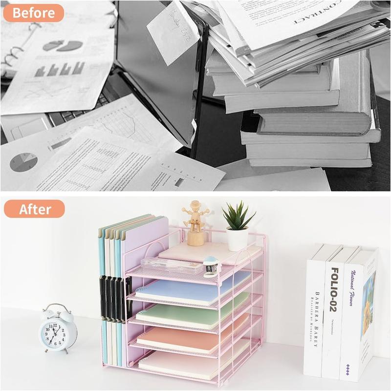 Office Desk Organizer, 5-Tier Paper Letter Tray with File Holder Multifunction Office Supplies and Accessories for Office School Home (Pink)