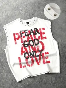 "Fear God Only" slogan loose-fit Oversized unisex tank top; features letter prints and metallic foil accents; sleeveless aesthetic/geometric style; Euro-American streetwear/Y2K trend—new for summer.