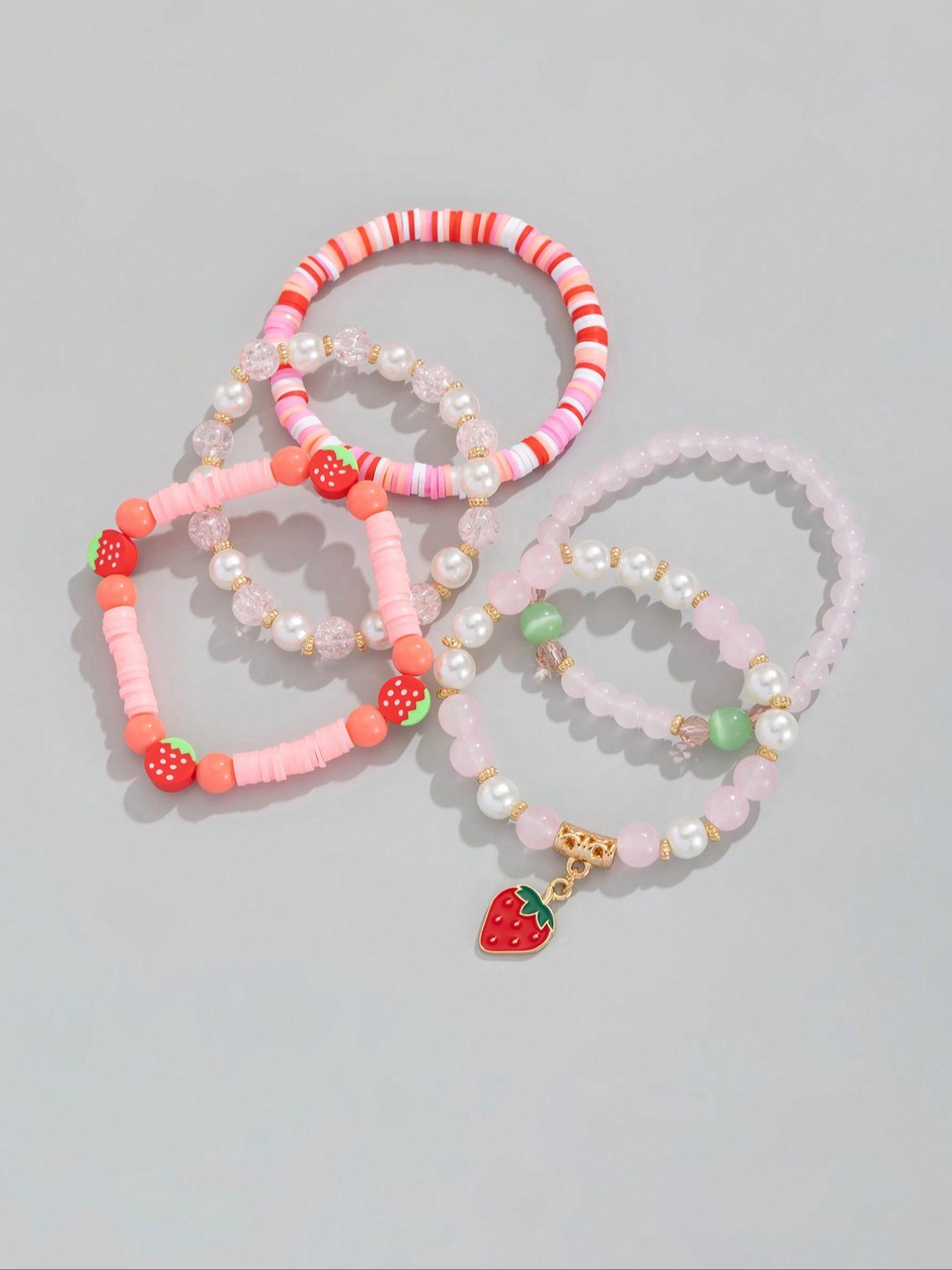 Women's Strawberry Pendant Crystal Beaded Bracelet Set, Cute Sweet Fashion Jewelry Gift for Women Daily Wear & Friends, Charm Bracelets