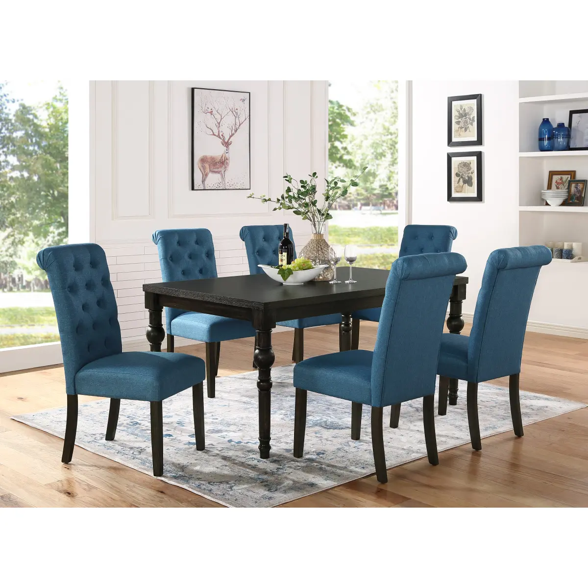 AobtkelLeviton Traditional Urban Style Dark Wash Wood Dining Room Set - Table (Apron to Floor 12.5", 250 lbs Capacity) with 6 Turned-Leg Chairs, On-Site Delivery, Assembly Required, Indoor Furniture Set