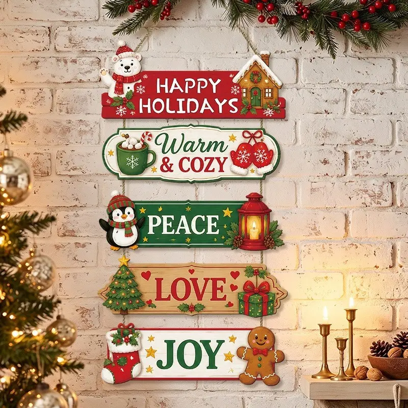 Christmas Cartoon Wooden Hanging Signs, Penguin Bear Gingerbread Man Door Hanger, Xmas Tree Party Decor Ornaments