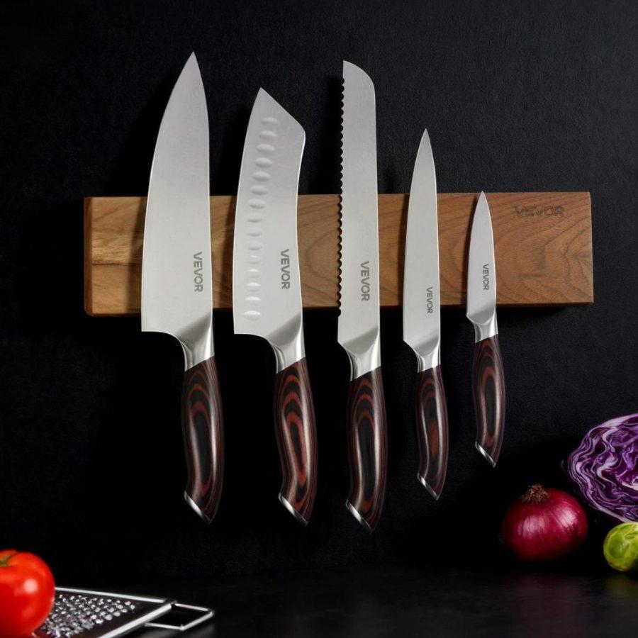 SummerWinsVEVOR Kitchen Knife Set, 6 Piece High Carbon Stainless Steel Sharp Knife Set, Professional Kitchen Cutlery with Ergonomic Crack-Resistant Handle, and Walnut Finish Powerful Magnetic Knives Holder, Magnetic Holderdealsforyoudays