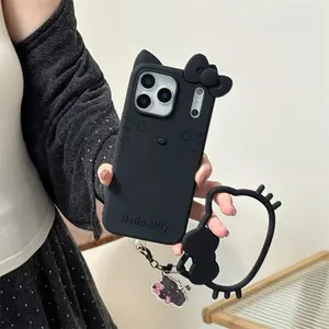 Fun Cartoon 3D Black KT Cat Phone Case For iPhone 17 16 15 14 13 12 Pro Max Plus Protective Case