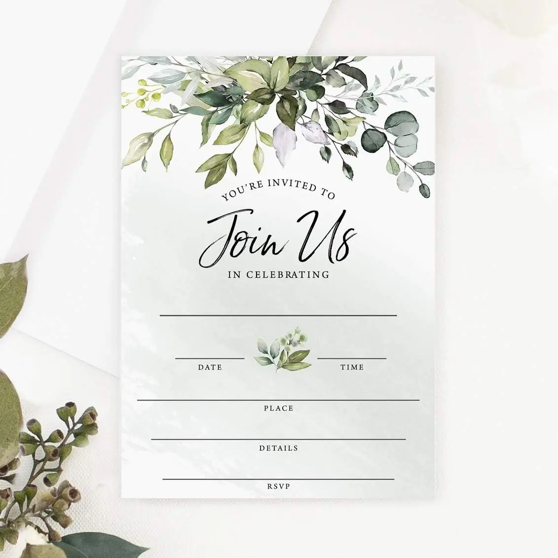 25 Pack Printed Eucalyptus Greenery Fill-in Party Invitations with Envelopes