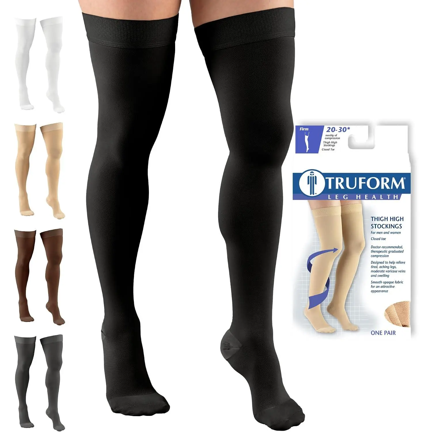 20-30 mmHg Compression Stockings for Men and Women, Thigh High Length, Dot Top, Closed Toe, Black, Medium
