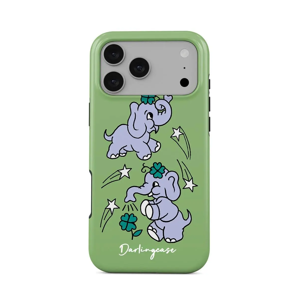 DarlingCase Cute Green Elephant Protective iPhone Case - Drop Guard, Shockproof Durable, Fits iPhone 17,16,15,14,13,12 Pro Max Plus, Cute Elephants, Lucky Clover Kawaii, Fits iOS Series