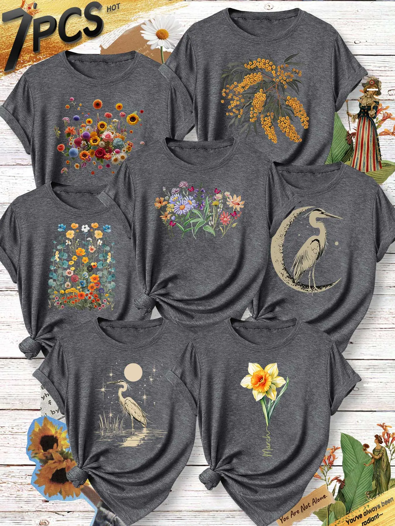 7Pcs Women Crew Neck T-Shirt, Heron Daffodil Wild Nature Plant Animal Illustration Print, Multi-color Available, Machine Washable, Soft Skin-friendly Spring Summer Daily Stylish Top