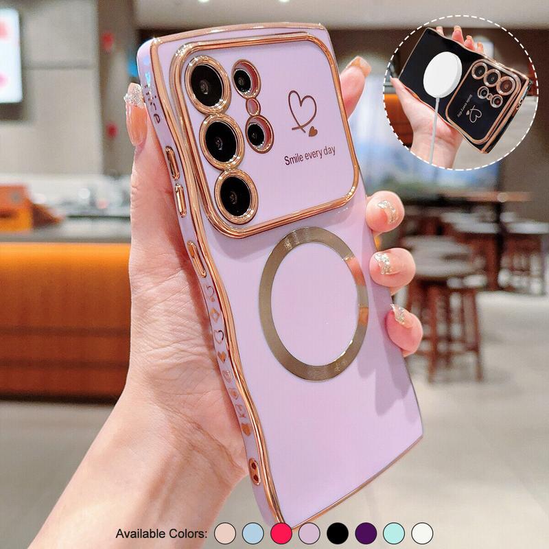 OREKROY【Freeship】Case for Samsung S25 Ultra Plus S24 S23 S22 ,Soft Wave Frame Curly Shape Magnetic Cute Love Heart Plating Phone Case with Raised Camera Lens Protection,Compatible with MagSafe Wireless Charging, Shockproof Back Cover for Women Girls