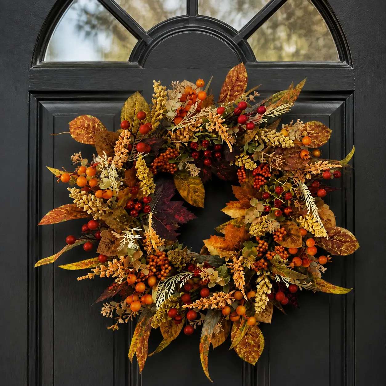 Autumn Artificial Wreath with Maple Leaves and Berries, Rustic Farmhouse Style Door Hanger, Home Decor for Porch, Wall, Window, Fireplace, Living Room