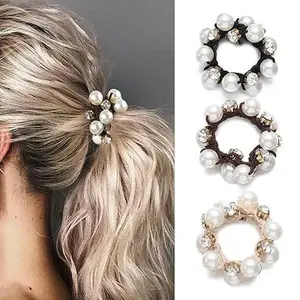 3pcs Pearl and Rhinestone Elastic Hair Ties, Elegant Beaded Ponytail Holders, Stretchy Hair Scrunchies for Women, Suitable for Daily and Formal Occasions.