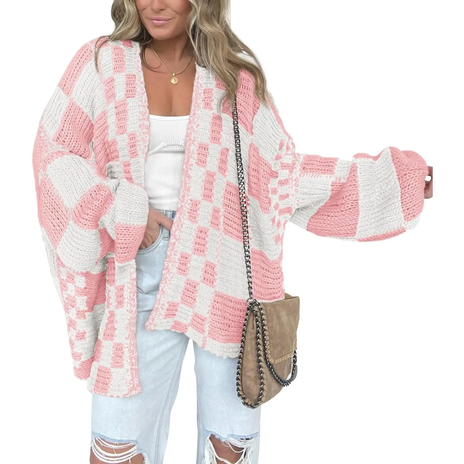 Casual Cardigan Sweater for Women Fall 2026 Long Sleeve Open Front Chunky Knit Sweaters Checkered Outwear Coat