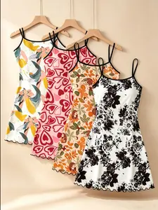 Women's Sleepwear & Loungewear 4 Pack Multipack Value Set Heart Floral Hedgehog Print Summer Spaghetti Strap Ruffle Lettuce Hem Contrast Trim Soft Breathable Stretchy Lightweight Sleeveless Cami Nightgown Casual Slip Dress Home Daily Wear