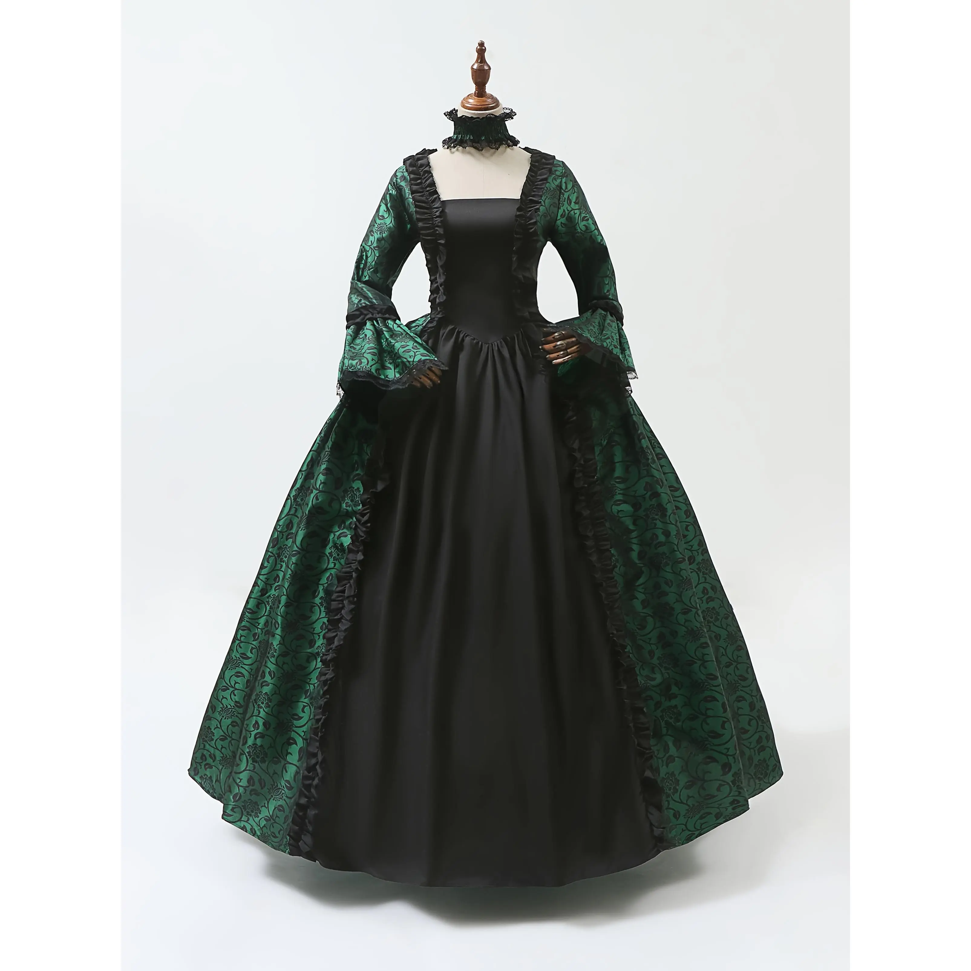 Medieval Court-Style Vintage Floral Evening Dress for Halloween, Multi-Color Ruffled Sleeves And Square Neckline Long Formal Party Princess Elegant Dress, Suitable for Halloween, Carnival, Wedding, with Lace Trim And Umbrella Skirt