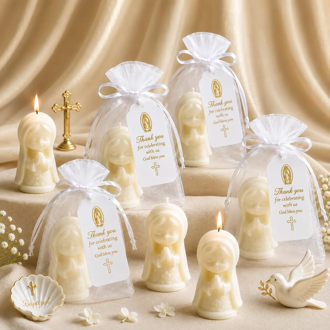 30Pcs/10 Sets Baby Shower Favors for Guests, Virgin Mary Shaped Candle Gift Sets with White Organza Gift Bags and Thank You Cards, Baptism and Christening Favors, First Communion, Confirmation and Christian Church Party Keepsakes