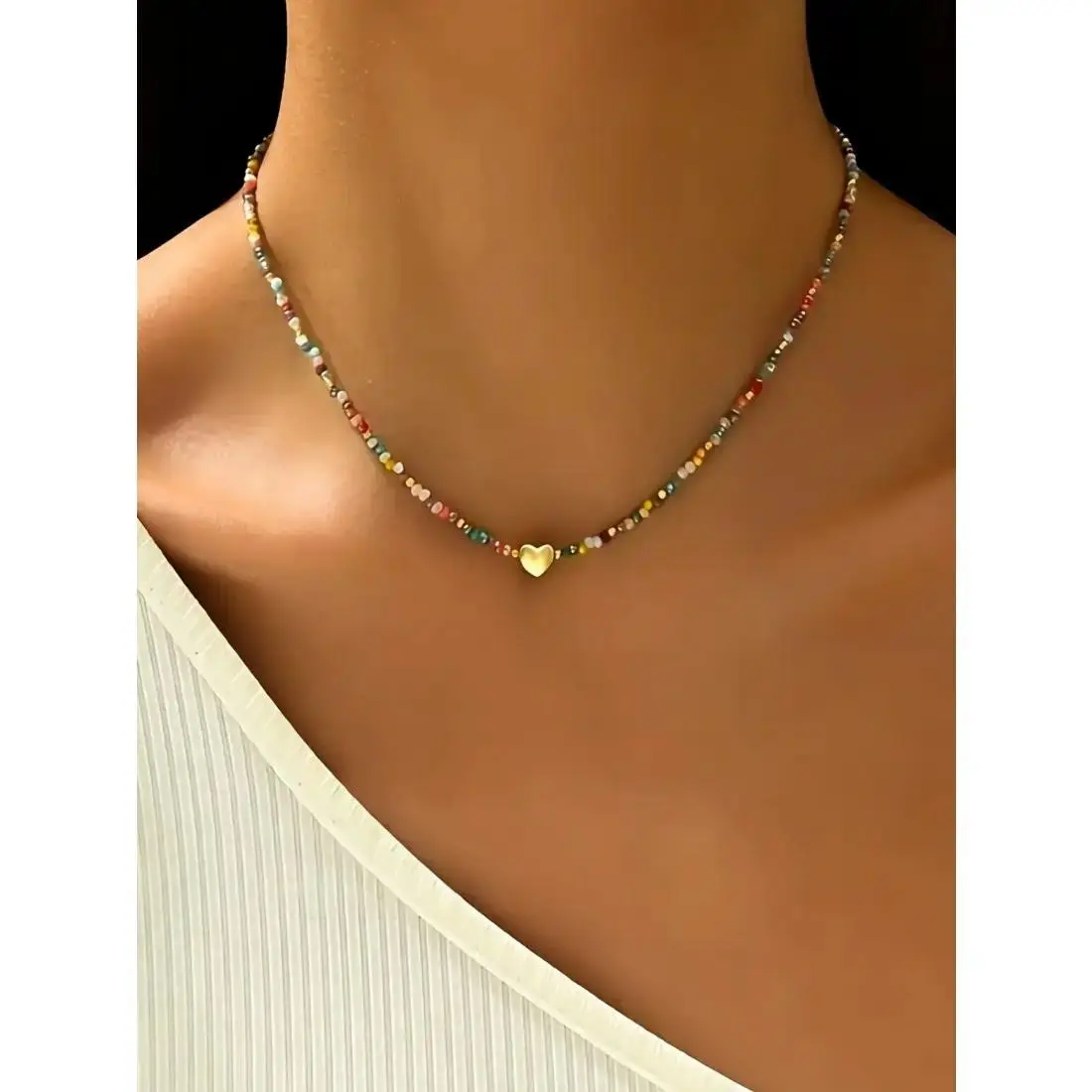 1 Piece of Vintage Bohemian Style Heart-shaped Colorful Crystal Bead Necklace, Summer Women's Beaded Collarbone Chain, Charms Necklace, Love Heart Necklace, Decorative Necklace, Suitable for Daily Wear, Gatherings, Beach Parties, and Gifts