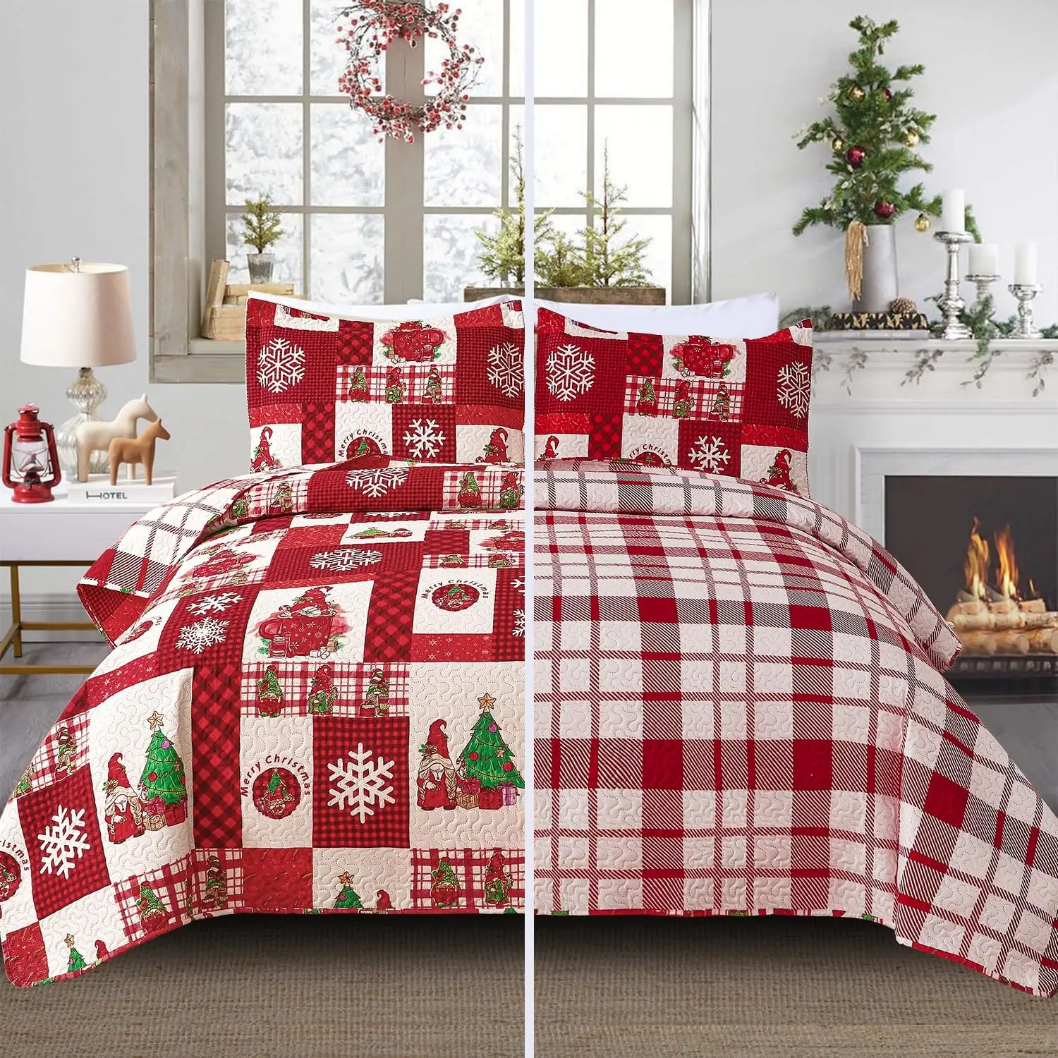 Christmas Bedspread Quilt Sets  Size - Reversible Christmas Tree Snowflake Red   Year Winter Holiday Coverlet Bed Set Xmas Bedding Sets Bedroom Decor