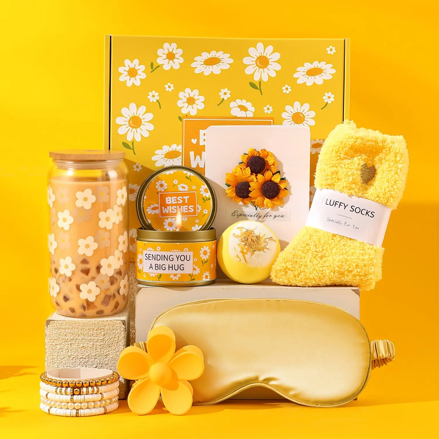 1Set Yellow Gift Box Set, includes daisy glass tumbler, scented candle, sleep eye mask, bath bomb, cozy fluffy socks, beaded bracelet and sunflower greeting card, versatile women's gift suitable for all occasions