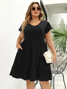Plus Size Plain Ruffle Hem Butterfly Sleeve A Line Dress, Casual V Neck Short Sleeve High Waist Dress for Summer, Women's Plus Clothing for Daily Wear