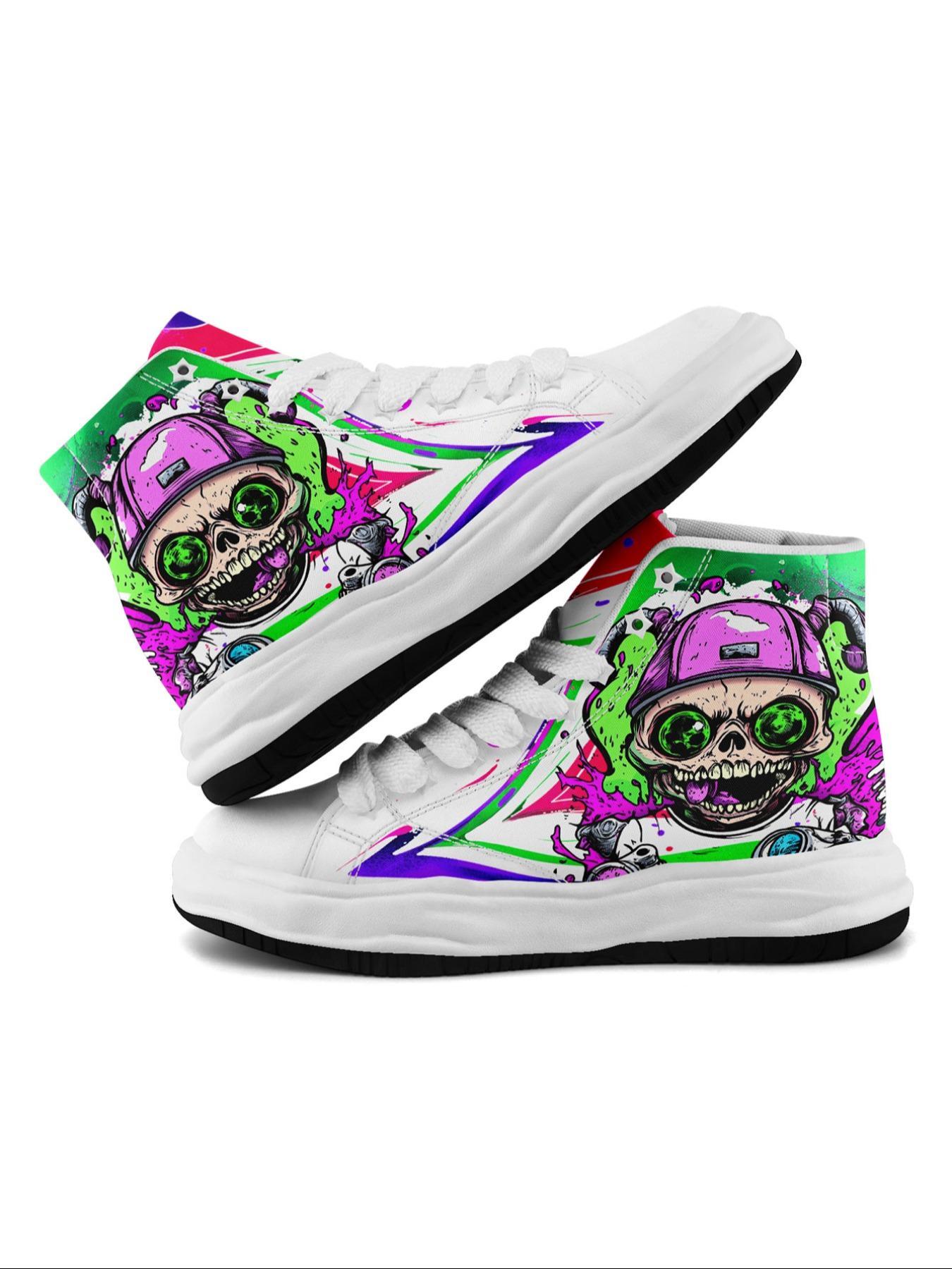 Men's Fashionable Cartoon Print High Top Sneakers, Casual Comfortable Breathable Lace Up Skate Shoes, Male All-match Round Toe Shoes for Daily Wear