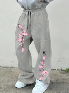Men Elastic Drawstring Wide Leg Sweatpants, Oriental Cherry Blossom Branch Japanese Kanji Print Loose Casual Streetwear Jogger Trousers, Soft Daily Fashion Bottoms #CherryBlossomPants #JapaneseStreetwear #WideLegSweatpants #MensStreetBottoms #TikTokMadeMe