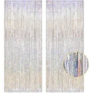 2 Pack 3.2ft x 8.2ft Silver Metallic Tinsel Foil Fringe Curtains Door Streamer Photo Booth Backdrop for Birthday Graduation Engagement Bridal Shower Bachelorette Baby Shower Party Decorations