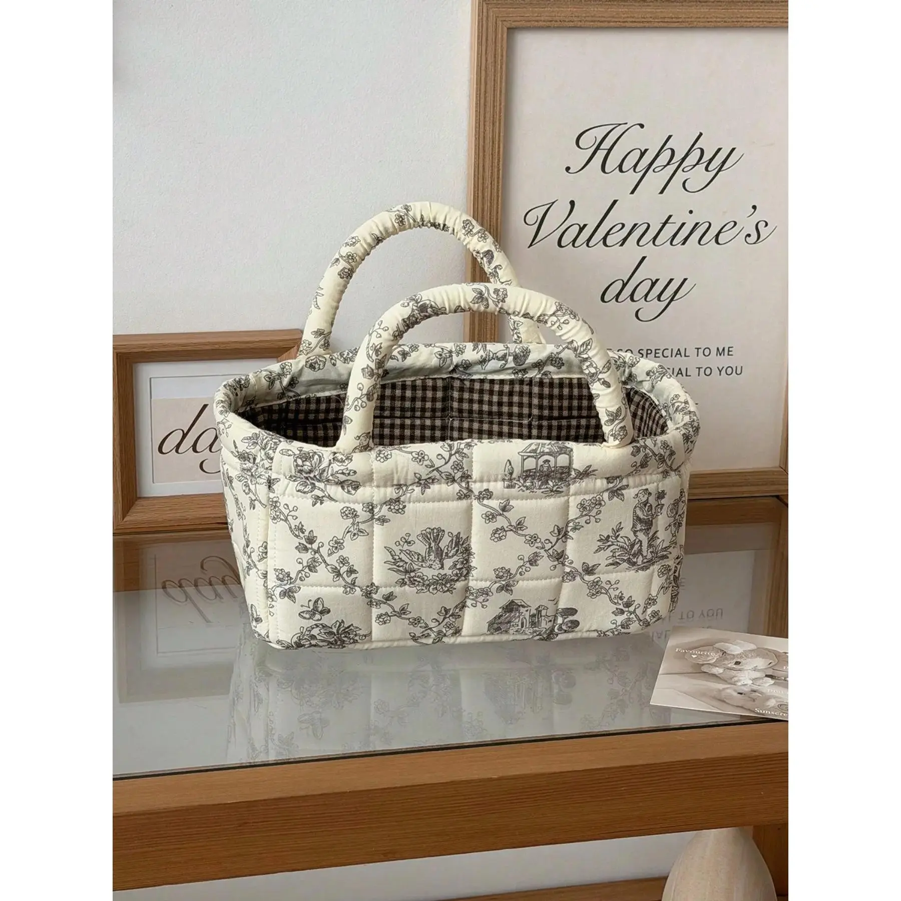 Cute Fabric Weaving Storage Basket with Handle, Vintage Print Cosmetics Organizer, Portable Laundry Basket, Home Decor, Gift Idea, Foldable Design, Collapsible Storage Baskets