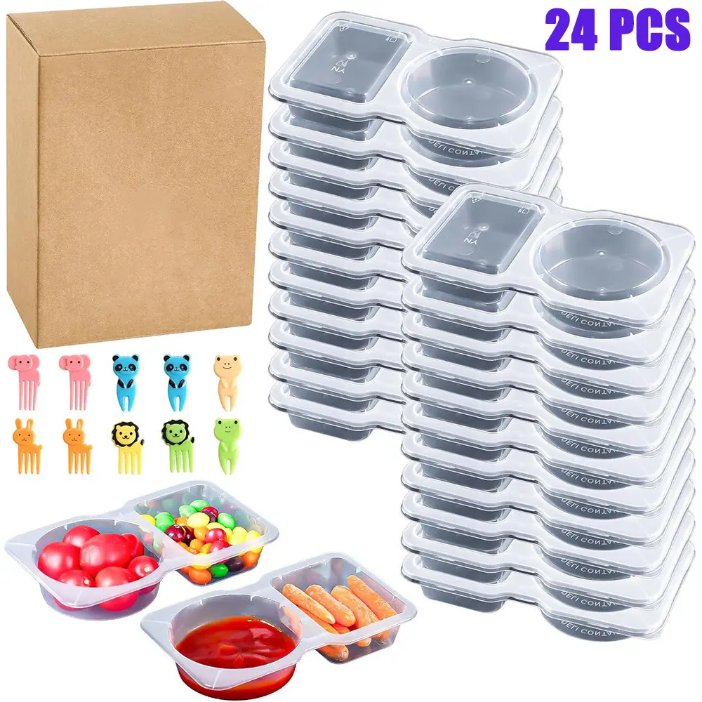 Double-Compartment Snack Box, Reusable Portion Control Food Container with Lid, Sauce and Snack Dispenser, Food Storage Box, Stackable Flip-Top Design, Suitable for Takeaway Sauce and Meal Preparation, Food Container, Includes 10 Animal Spoons.