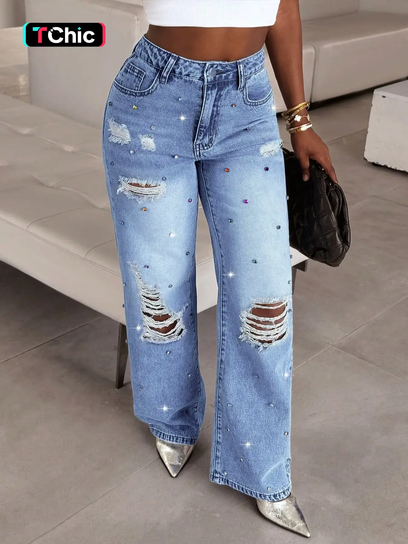 Women's Straight Leg Beaded Jeans, Comfortable Fashion Design, Loose Fit, Perfect for Casual Wear, Stylish and Trendy Denim Jeans