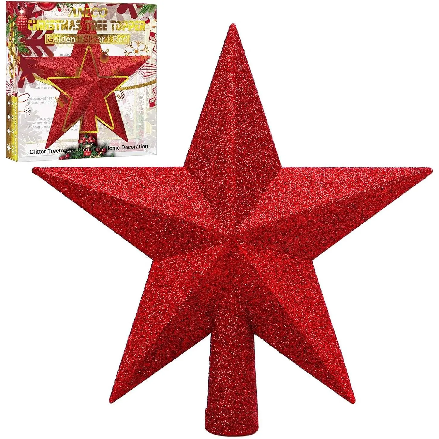 Red Glitter Mini Christmas Tree Topper Shatter-Proof 8 Inch Christmas Tree Decoration Treetop for Holiday Ornament or  Decor