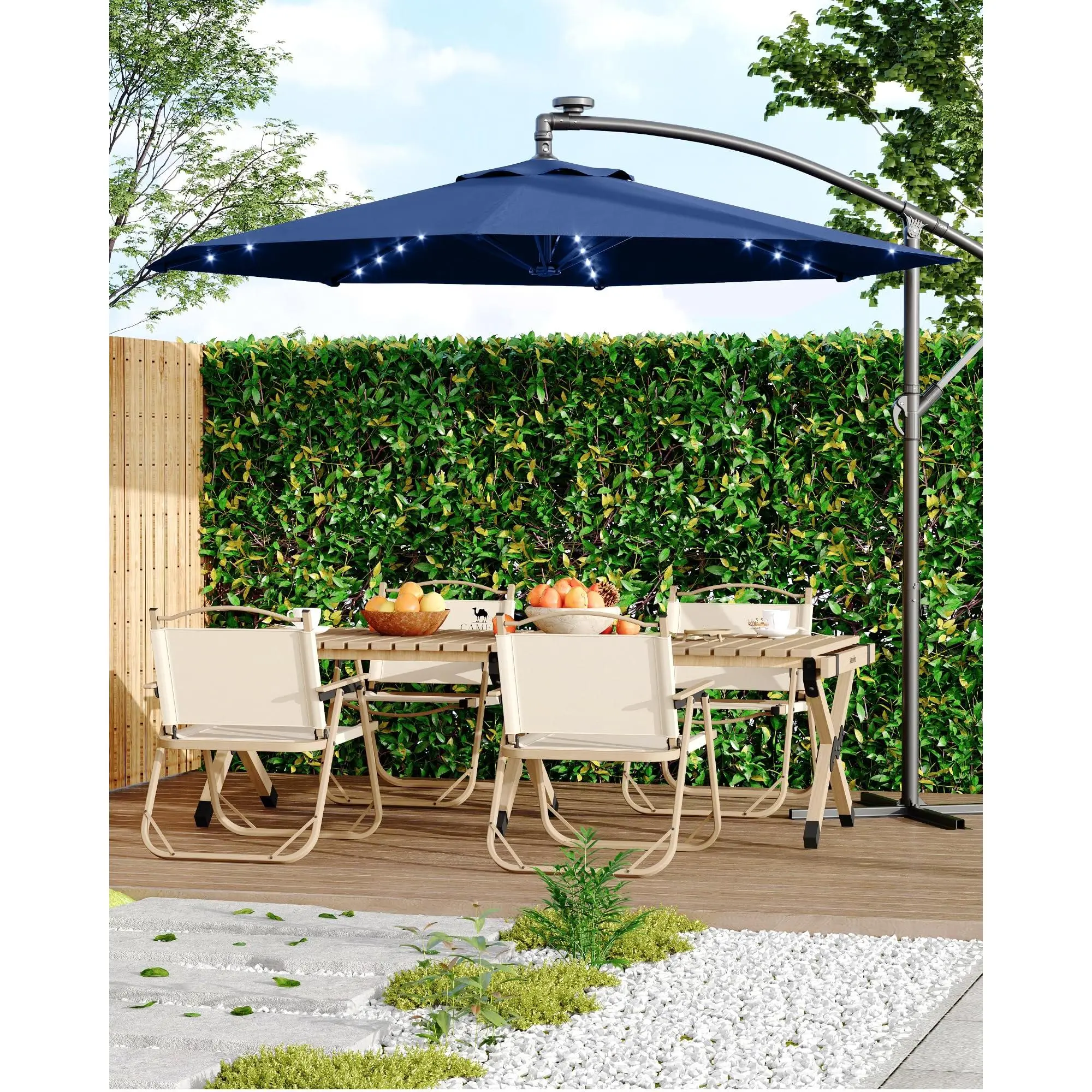 【Garvee】10FT Cantilever Patio Umbrella with Cross Base – Outdoor Offset Umbrella with Crank Lift & Infinite Tilt, Large Heavy Duty Shade Umbrella – for Backyard, Lawn, Garden, Deck & Poolside – Navy Blue with Lights