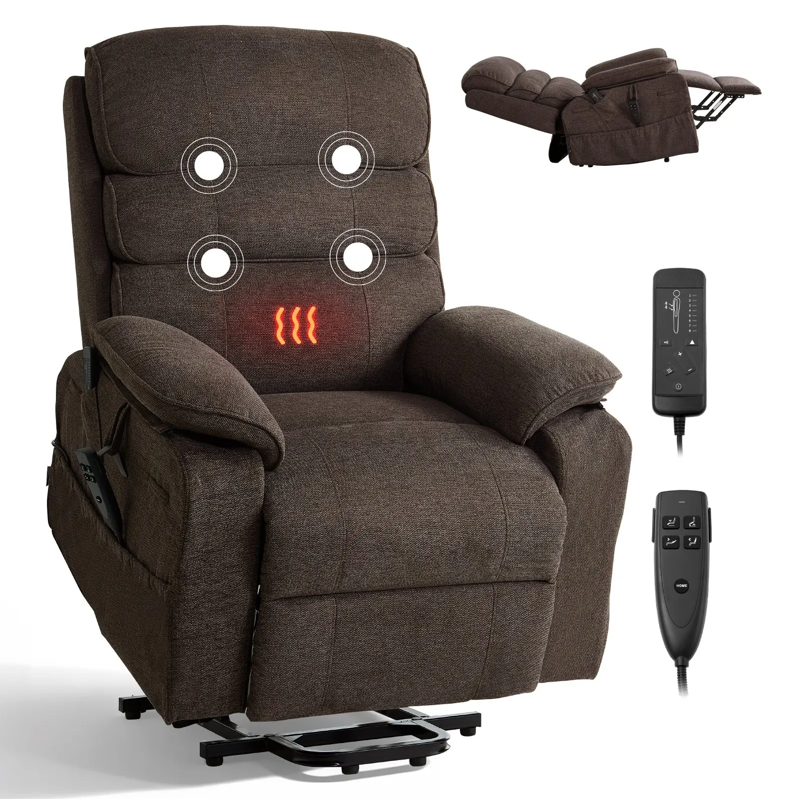 VEVOR Dual Motor Power Lift Recliner Chair, Brown Chenille Fabric Lift Chair with Heat+Massage, Wider Arms, Position Adjustable, Remote Control, Side Pockets for Elderly